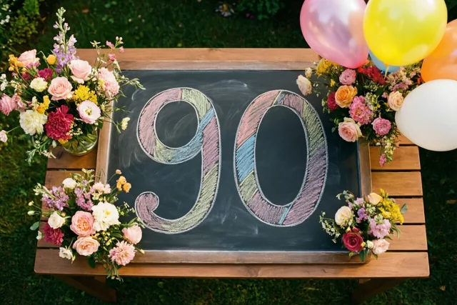 Een krijtbord met 90 in gekleurd krijt staat op een houten tuintafel tussen bloemstukken en ballonnen op een groen gazon.