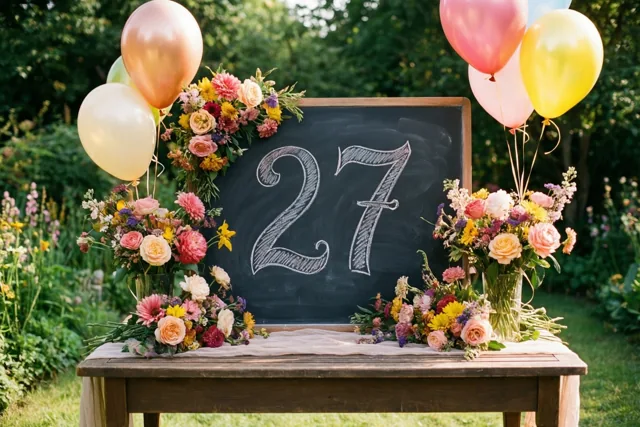 Een krijtbord met 27 in sierlijk wit krijt staat op een houten tuintafel tussen kleurrijke bloemen en ballonnen in een groene tuin bij daglicht.