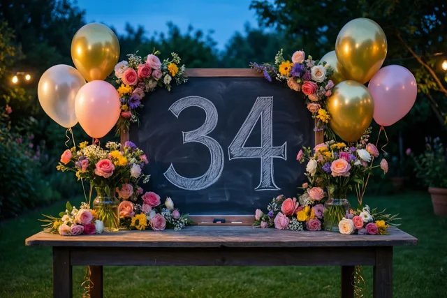 Een krijtbord met 34 in wit krijt staat op een houten tuintafel tussen kleurrijke bloemstukken en gouden en roze ballonnen, met gras en lichtslingers in de schemering.