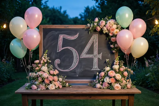 Een krijtbord met het sierlijk geschreven getal 54 staat op een houten tuintafel tussen roze en pastelkleurige ballonnen, bloemstukken en lichtsnoeren bij schemering.