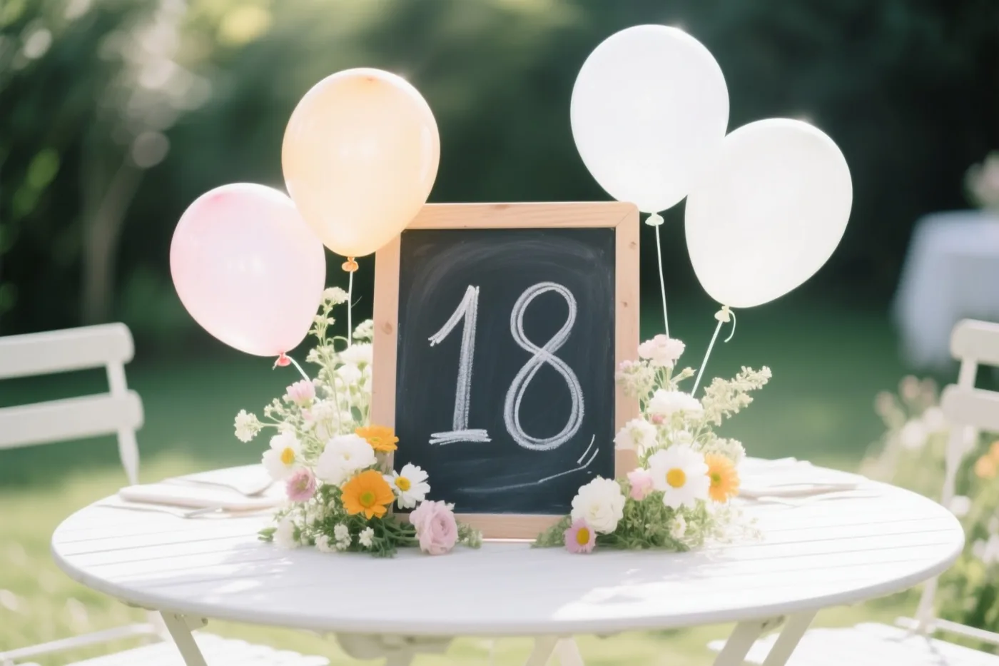 Een krijtbord met 18 in wit krijt staat op een witte tuintafel tussen pastelballonnen en verse bloemen, met een onscherpe groene tuin op de achtergrond.