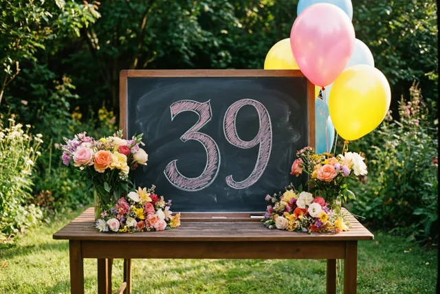 Een krijtbord met het handgeschreven getal 39 staat op een houten tuintafel tussen kleurrijke boeketten en ballonnen in een zonnige groene tuin.