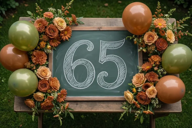 Een krijtbord met 65 in wit krijt staat op een houten tuintafel tussen herfstbloemen en ballonnen, buiten op groen gras in warme aardetinten.
