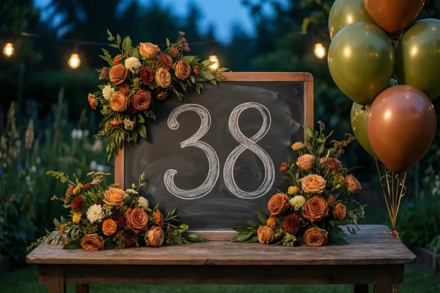 Een krijtbord met een witte 38 staat op een houten tuintafel tussen herfstbloemstukken en koperkleurige en olijfgroene ballonnen, met lichtslingers in de schemering.