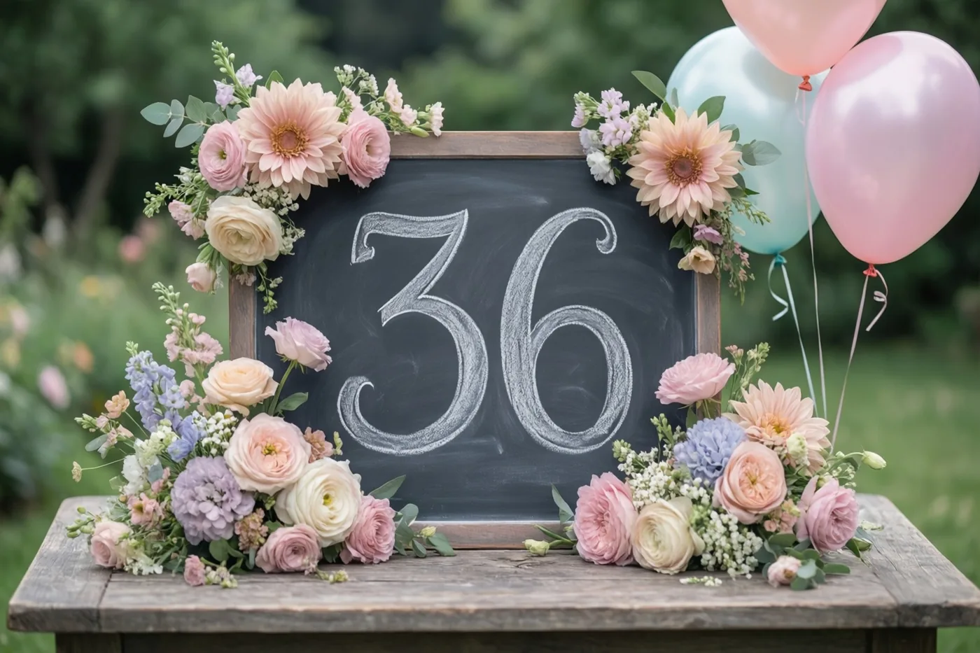 Een krijtbord met 36 in wit krijt staat op een houten tuintafel tussen pastelkleurige bloemen en ballonnen.