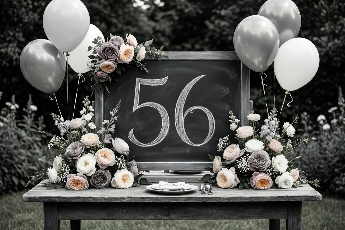 Een krijtbord met 56 in wit krijt staat op een houten tuintafel tussen bloemstukken en ballonnen, in een overwegend monochroom beeld met pastelbloemen.