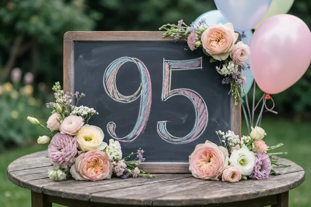 Een krijtbord met 95 in gekleurd krijt staat op een houten tuintafel tussen pastelkleurige bloemen en ballonnen in een tuin.