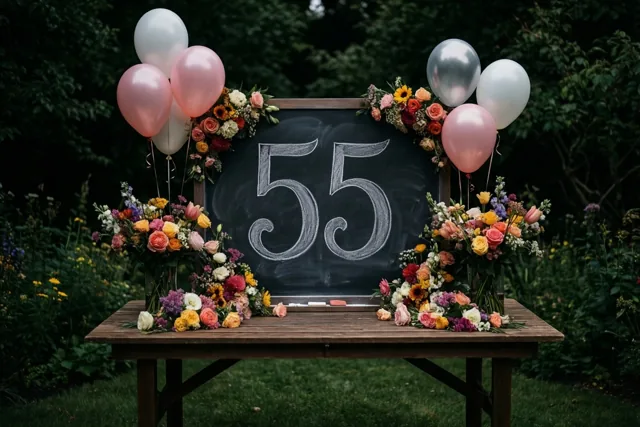 Een krijtbord met 55 in sierlijk wit krijt staat op een houten tuintafel tussen kleurrijke bloemstukken en roze en zilveren ballonnen in een groene tuin.