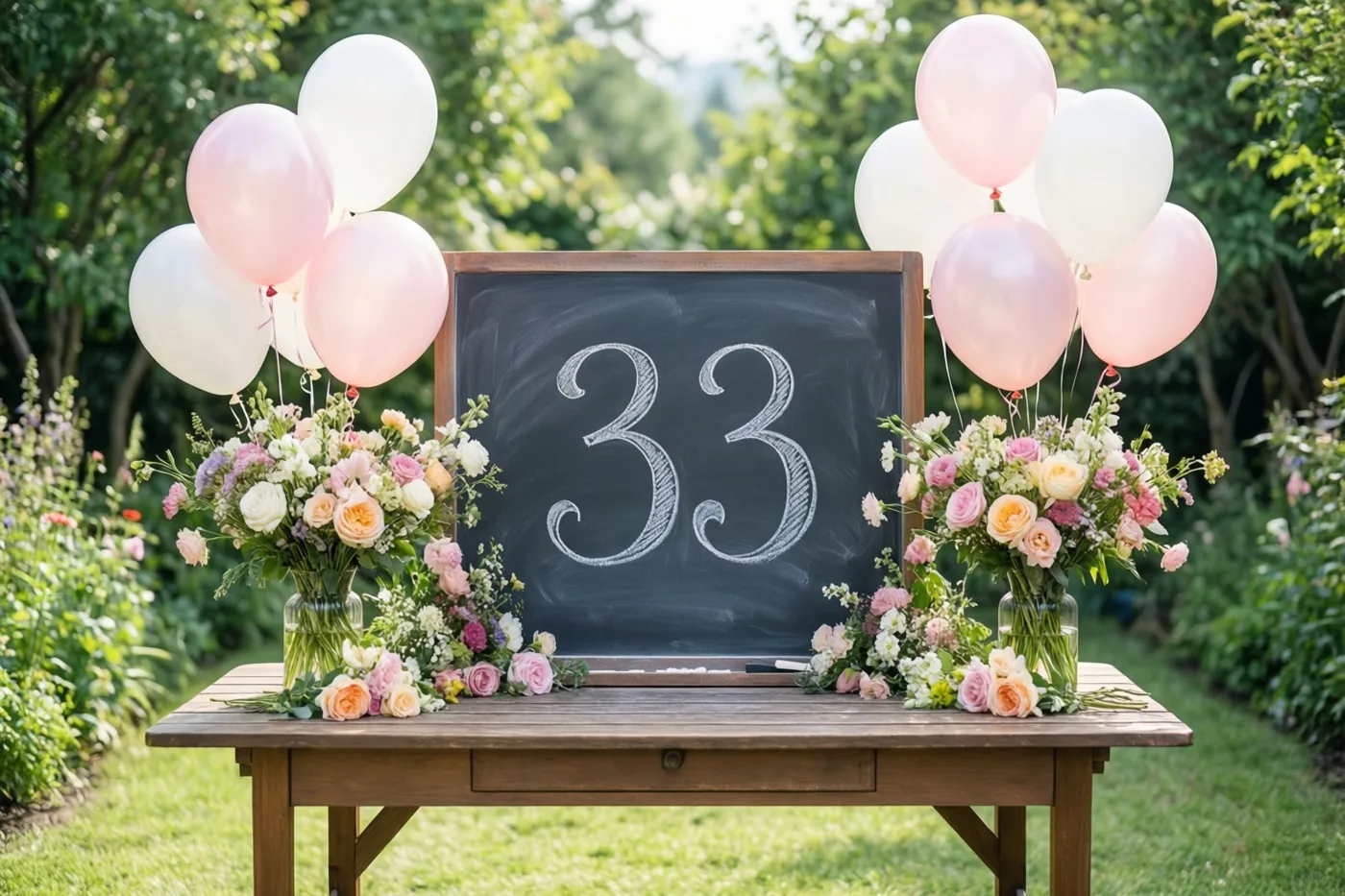 Een krijtbord met 33 staat op een houten tuintafel tussen bloemstukken en roze en witte ballonnen, met groen op de achtergrond.