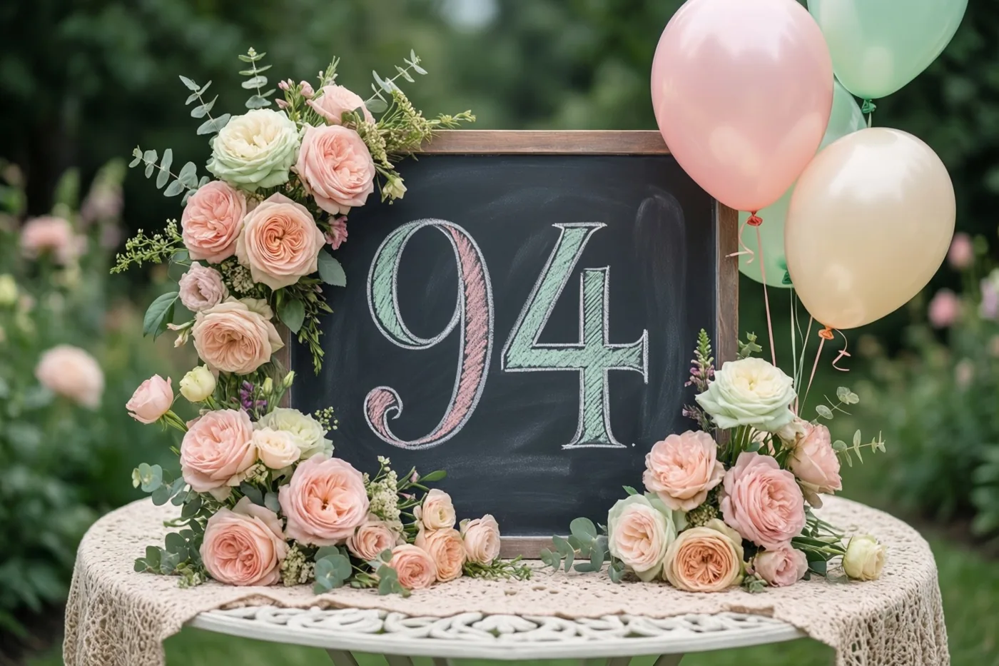 Een krijtbord met 94 in gekleurd krijt staat op een tuintafel tussen roze en crèmekleurige rozen en ballonnen.