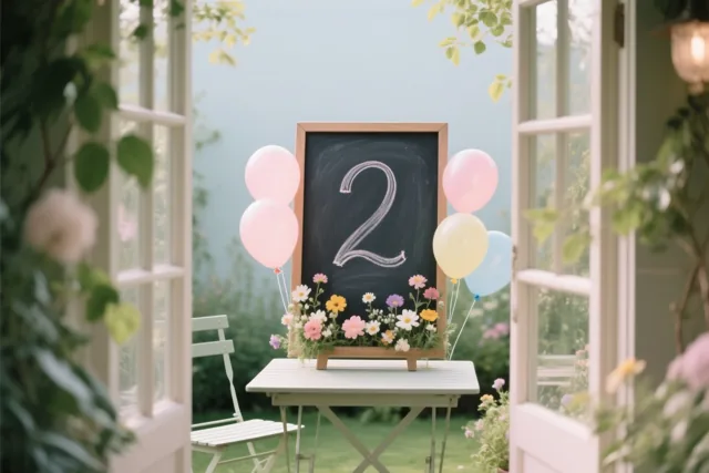 Door een open tuindeur is een krijtbord met een witte 2 te zien op een witte tuintafel, tussen kleurrijke bloemen en pastelballonnen in een groene tuin.
