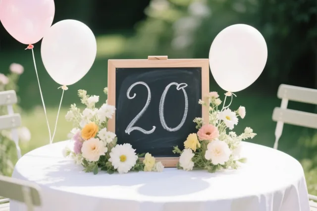 Een klein krijtbord met 20 in wit krijt staat op een wit gedekte tuintafel tussen verse bloemen en ballonnen, met groen op de achtergrond in de zon.