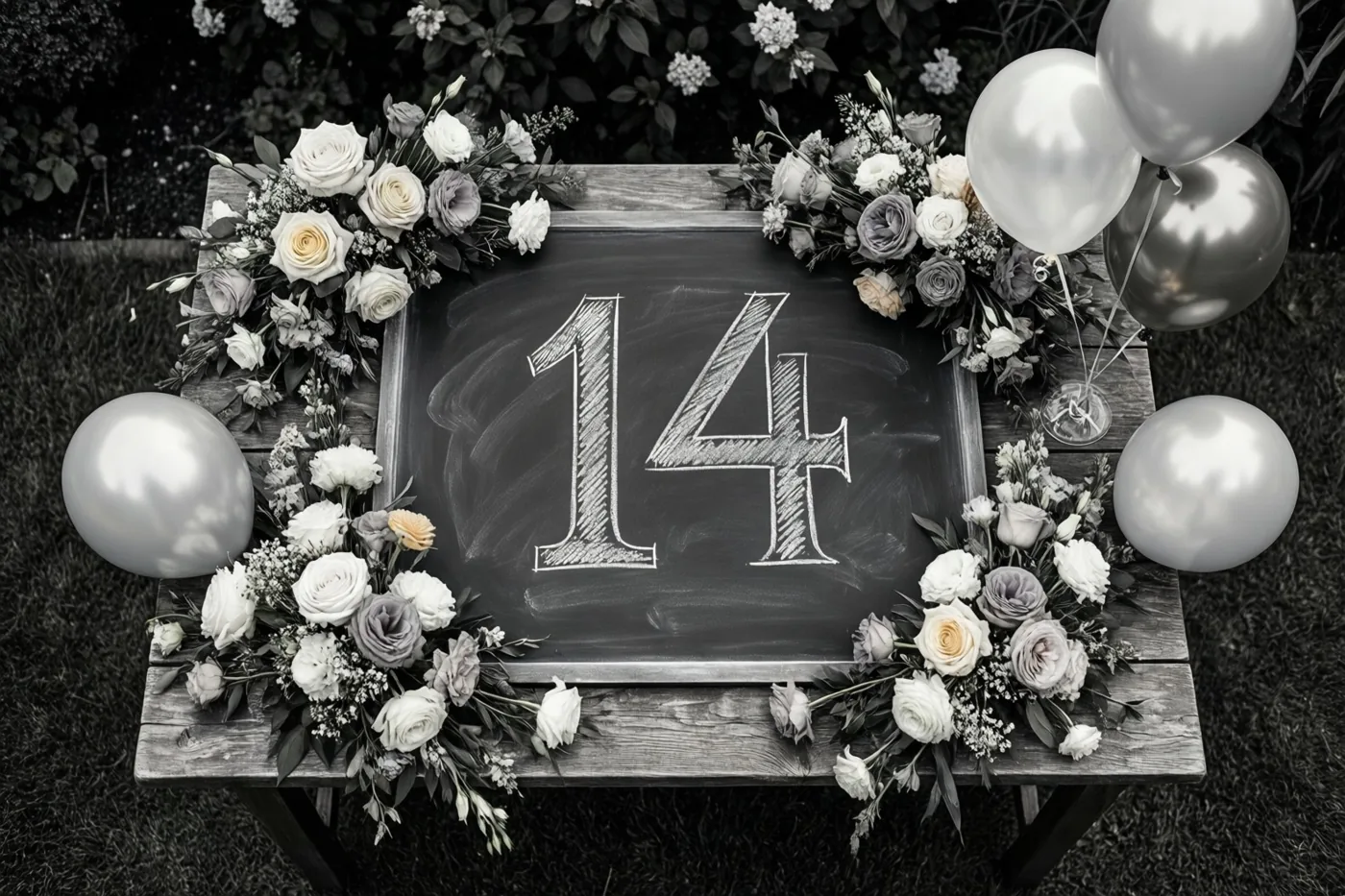 Een krijtbord met 14 in wit krijt staat op een houten tuintafel tussen bloemstukken en zilveren ballonnen, weergegeven in zwart-wit.