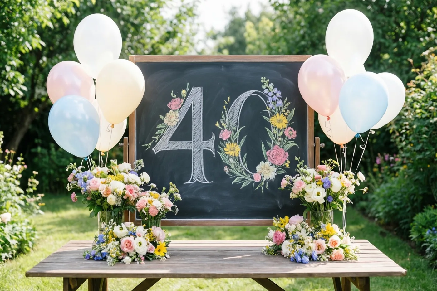 Een krijtbord met 40 en bloemtekeningen staat op een houten tuintafel tussen boeketten en pastelballonnen in een zonnige groene tuin.