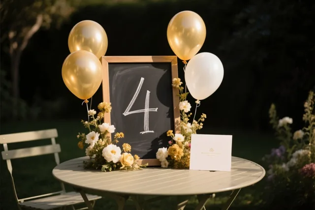 Een krijtbord met het cijfer 4 staat op een tuintafel tussen gouden en witte ballonnen en bloemstukken in zacht zonlicht.