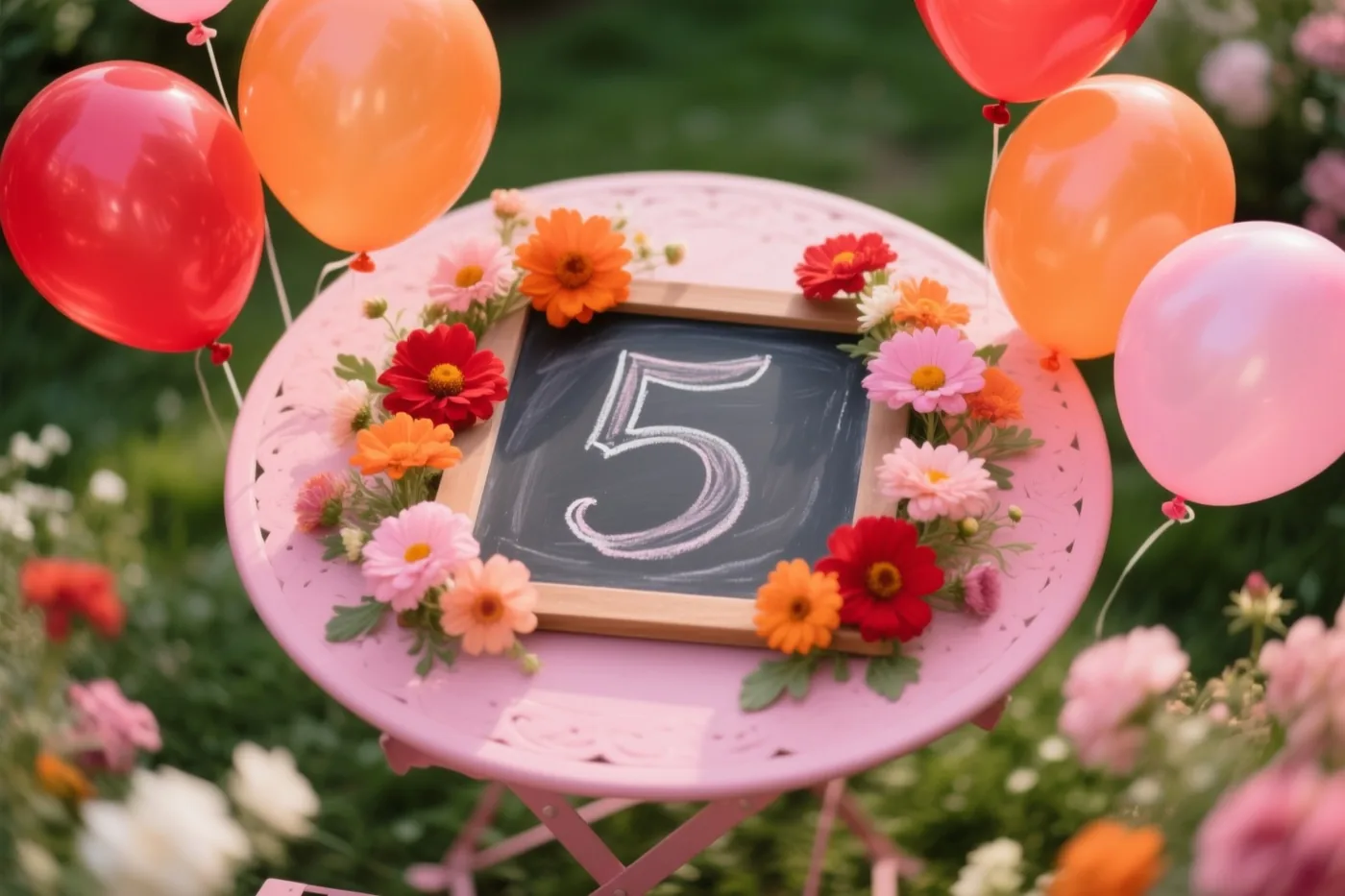 Een krijtbord met het cijfer 5 staat op een roze tuintafel, omringd door kleurrijke bloemen en zwevende ballonnen in zacht daglicht.