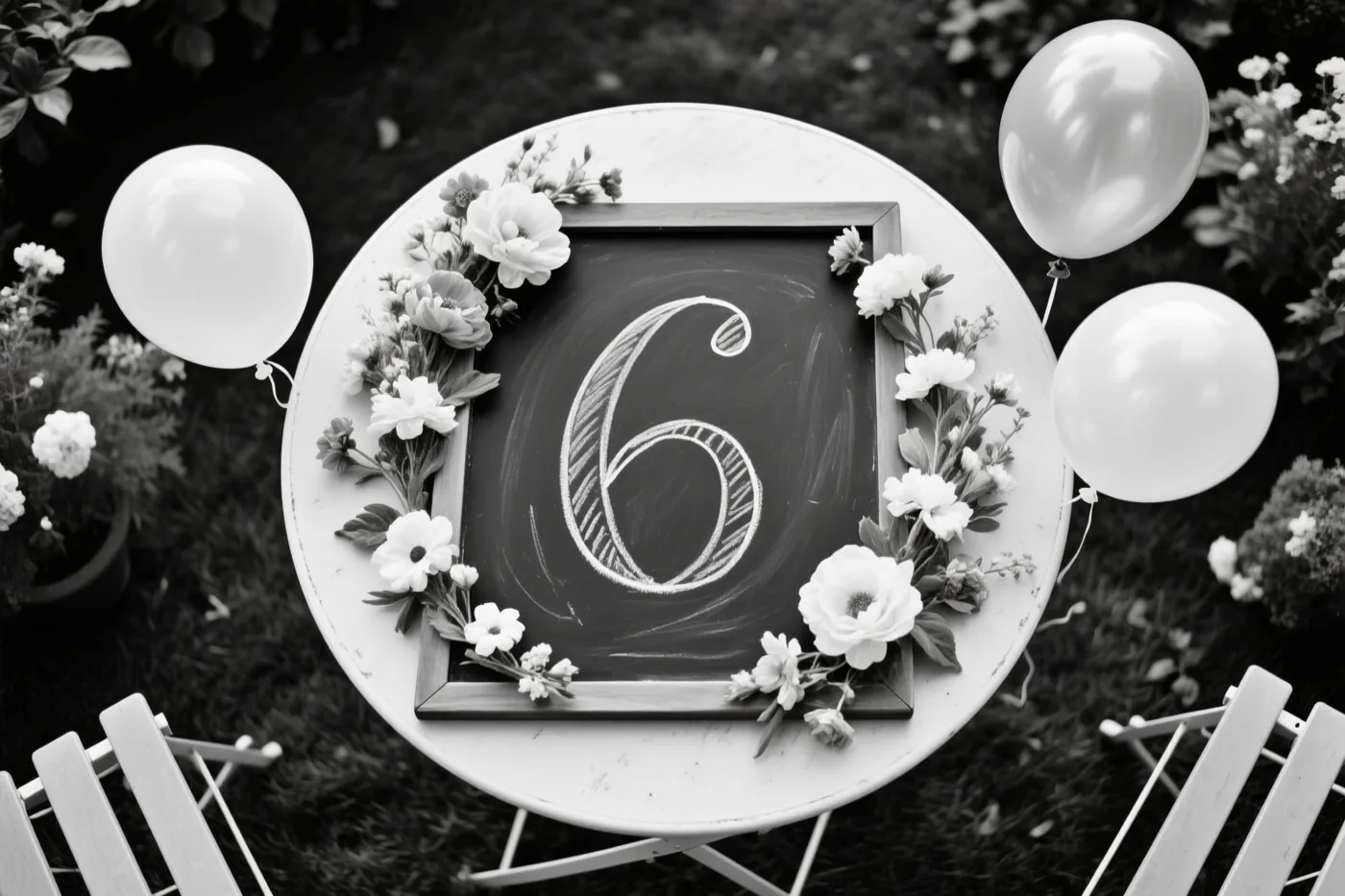 Op een zwart-witfoto staat een krijtbord met een handgeschreven 6 op een witte tuintafel tussen verse bloemen en drie witte ballonnen.