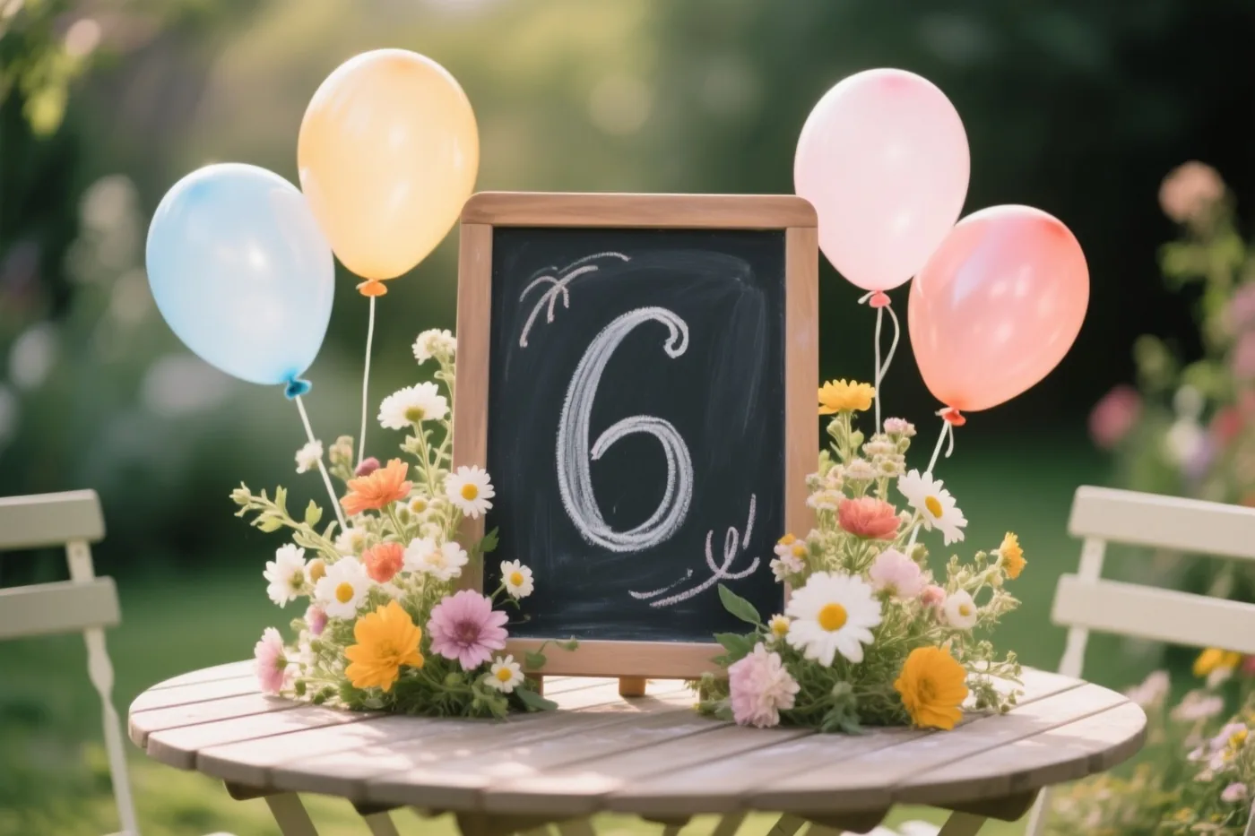 Een krijtbord met een handgeschreven 6 staat op een houten tuintafel tussen kleurrijke bloemen en ballonnen in een zonnige tuin met een onscherpe achtergrond.