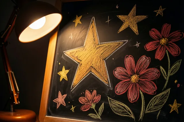 Gouden sterren en rode bloemen zijn met krijt getekend op een bord met een houten kader, zacht verlicht door een bureaulamp in een schemerige kamer.