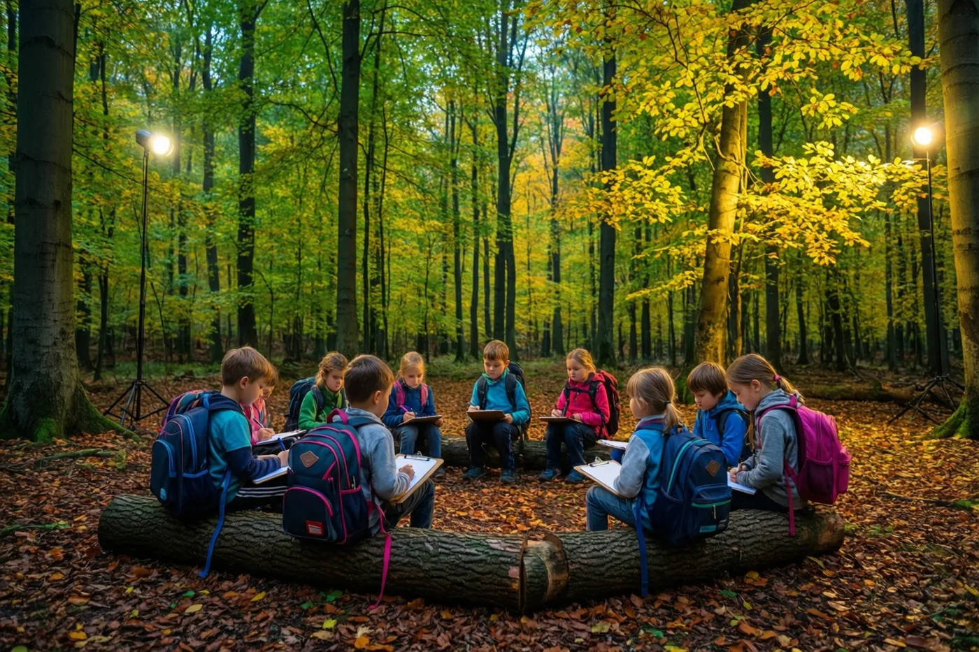 Kinderen met rugzakken en klemborden zitten in een kring op boomstammen in een herfstig beukenbos, verlicht door lampen tussen goudkleurig en groen gebladerte.