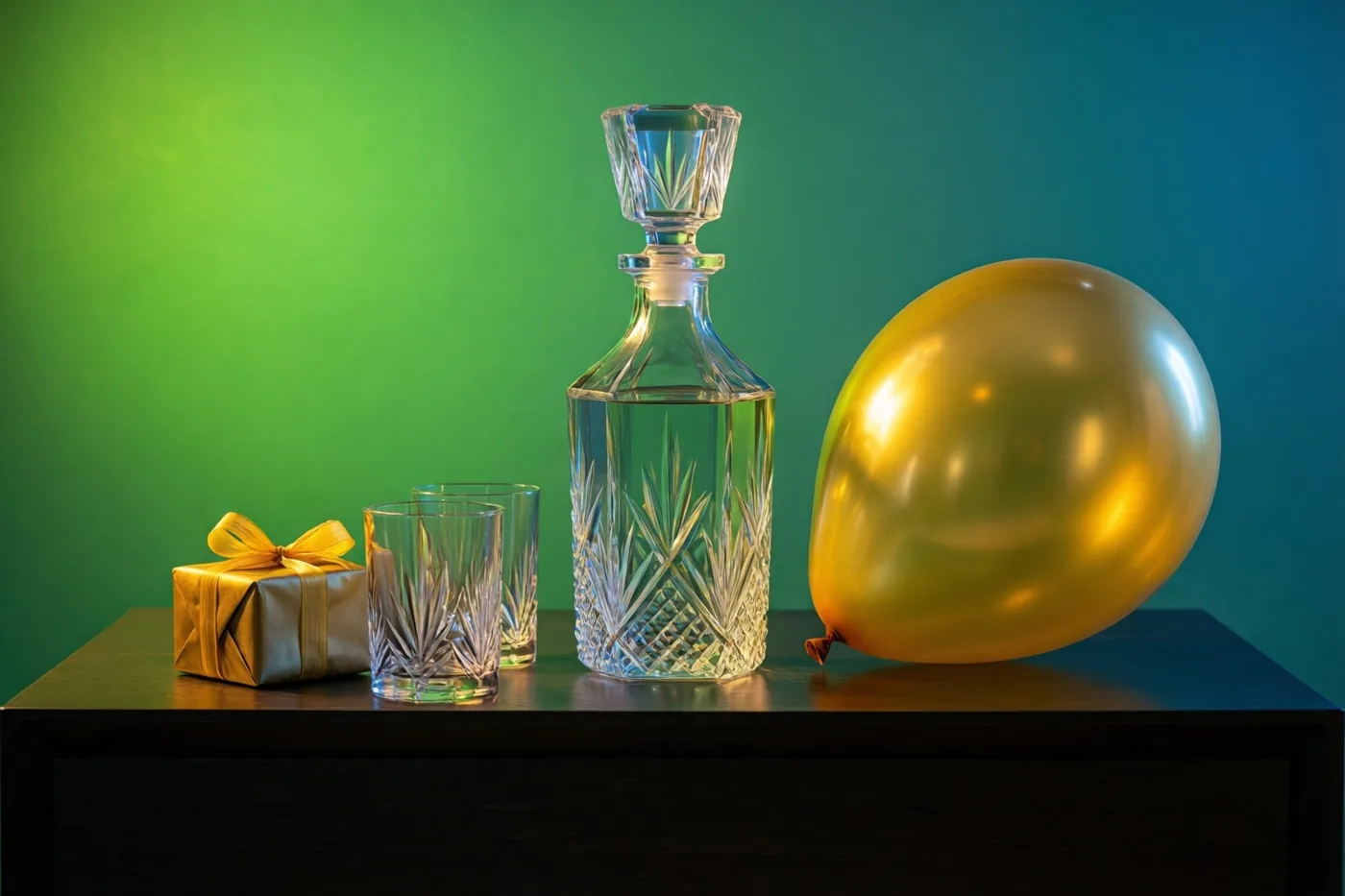 Een kristallen karaf met twee bijpassende glazen, een goudkleurig ingepakt cadeautje en een gouden ballon staan op een donker houten dressoir tegen een achtergrond die van groen naar blauwgroen verloopt.