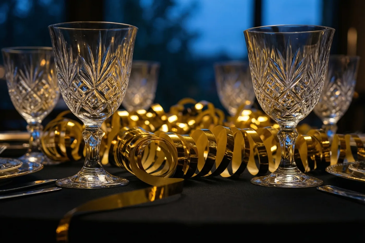 Geslepen kristallen glazen staan met gekrulde gouden slingers op een zwart tafellaken, in warm licht tegen een donkerblauwe achtergrond.