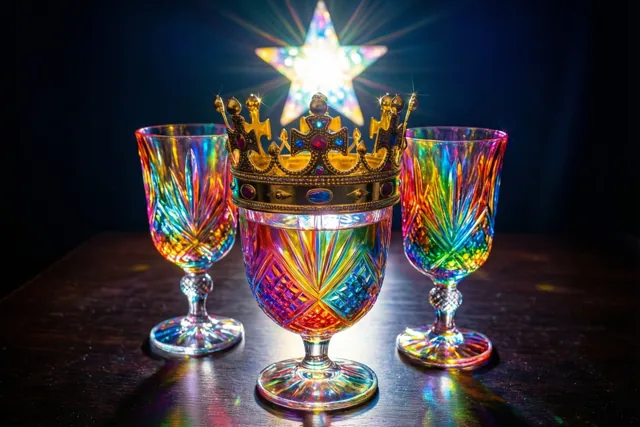 Drie sierlijke kristallen glazen met regenboogpatronen staan op een donkere houten tafel, met een gouden kroon op het middelste glas en een fel meerkleurig sterlicht erboven dat kleurrijke weerkaatsingen geeft.