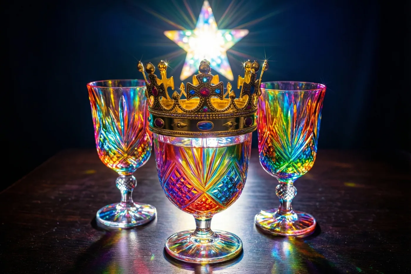 Drie sierlijke kristallen glazen met regenboogpatronen staan op een donkere houten tafel, met een gouden kroon op het middelste glas en een fel meerkleurig sterlicht erboven dat kleurrijke weerkaatsingen geeft.