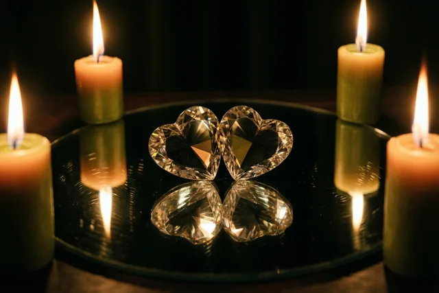 Twee hartvormige kristallen stenen liggen naast elkaar op een zwart spiegelend oppervlak, omringd door vier brandende kaarsen die warm goudkleurig licht geven.