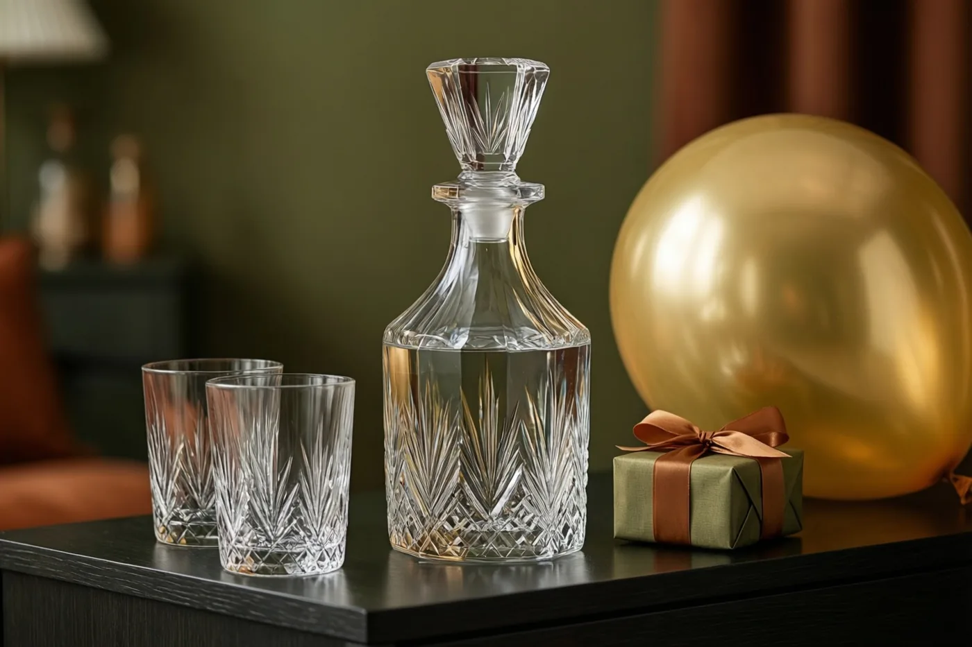 Een kristallen karaf met twee bijpassende glazen staat op een donker dressoir naast een klein ingepakt cadeau en een gouden ballon, in warm licht met gedempte groene en bruine tinten.
