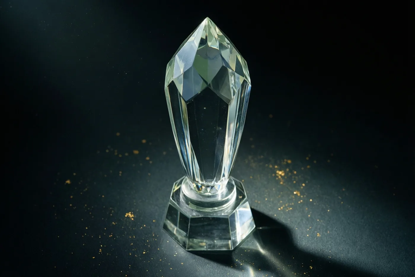 Een kristallen trofee met geslepen vlakken staat op een donkere ondergrond en werpt een schaduw tegen een zwarte achtergrond met gouden spikkels.