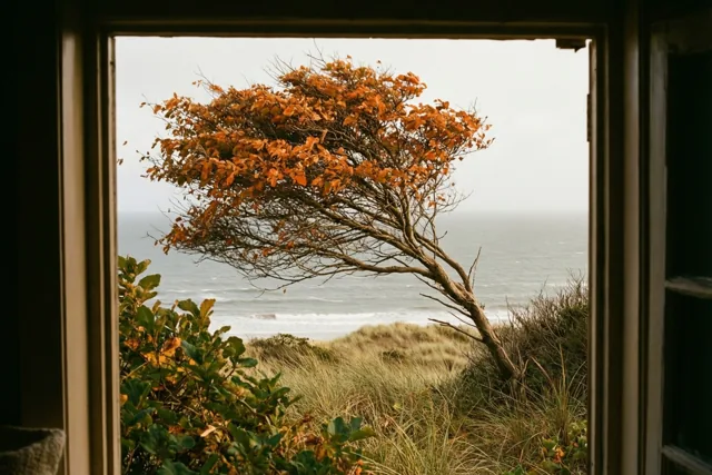 Door een raam is een door de wind gebogen boom met oranje bladeren te zien op een grasduin bij een grijze zee.