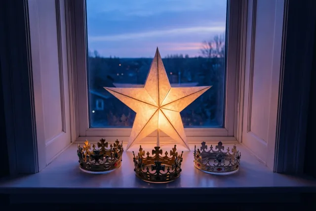 Drie sierlijke kronen staan op een witte vensterbank naast een papieren sterlantaarn met warm geel licht, met een blauwe en paarse schemerlucht achter het raam.