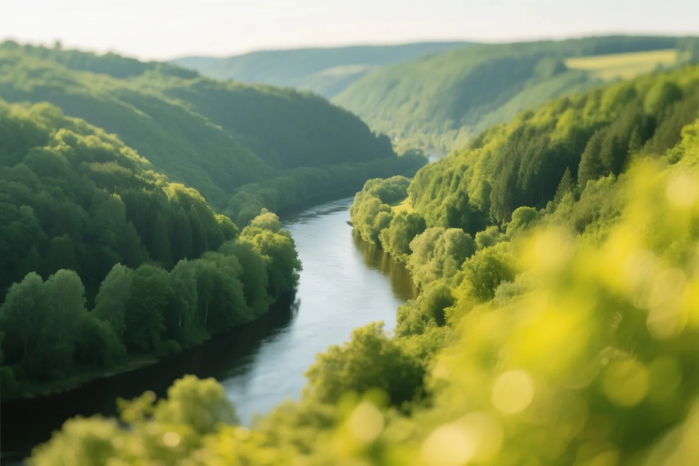 Van bovenaf is een kronkelende rivier tussen dichtbeboste groene heuvels te zien, in groene en zachtblauwe tinten.