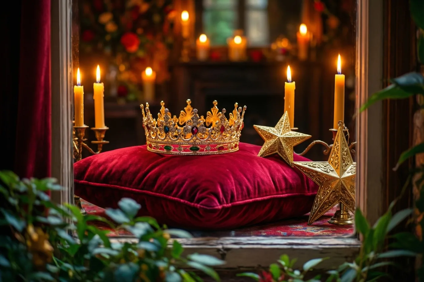 Een gouden kroon en een verguld sterornament liggen bij kaarslicht op een dieprood fluwelen kussen op een vensterbank, met groen op de voorgrond en een warm verlicht feestelijk interieur achter het raam.