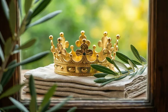 Een vergulde kroon ligt op beige linnen servetten naast een olijftakje in een raam met een houten kozijn, met een wazige groene en gele tuin op de achtergrond.