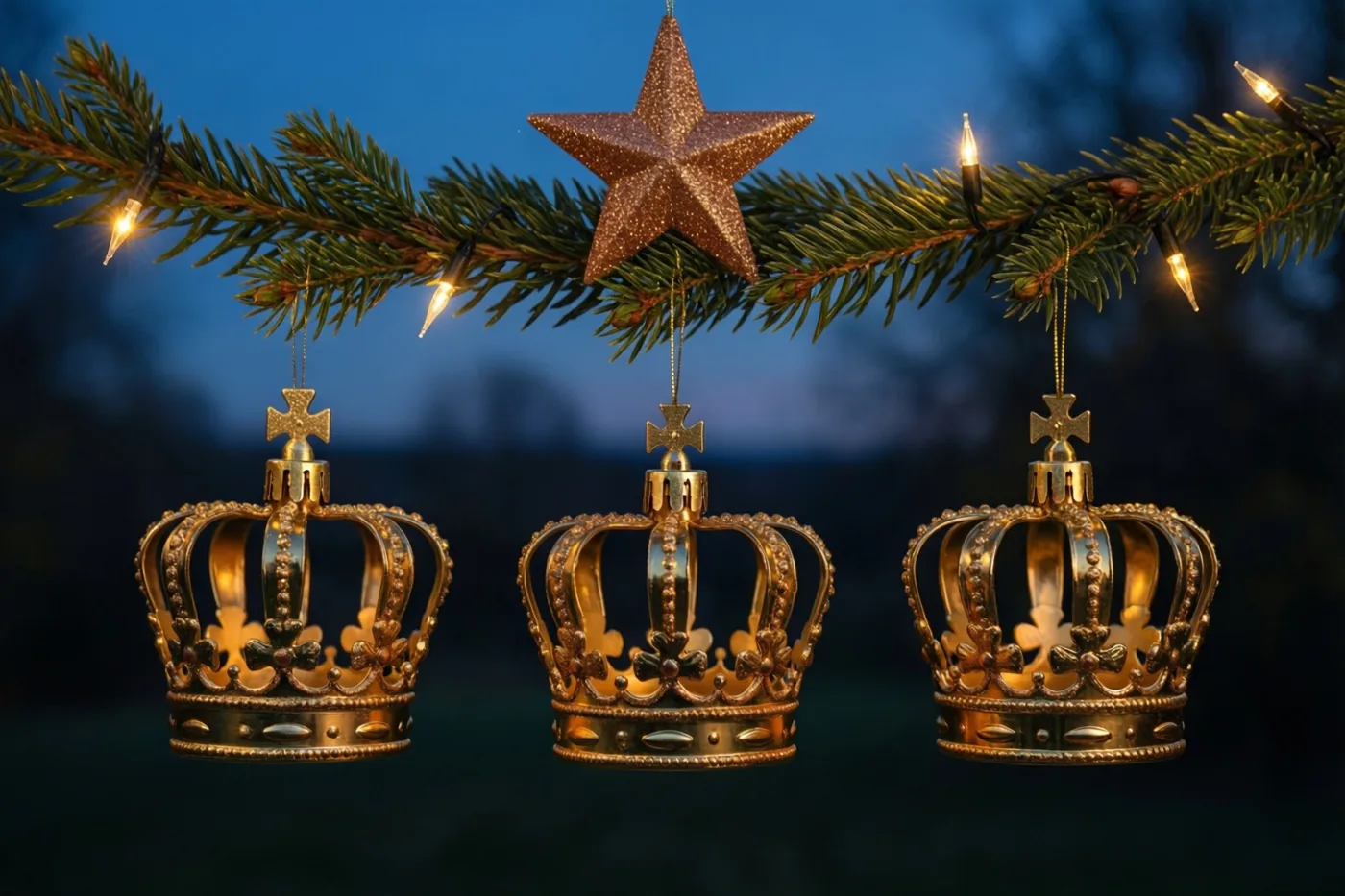 Drie gouden kroontjes hangen aan een dennentak met lichtjes en een glinsterende ster erboven, tegen een donkerblauwe schemerlucht.