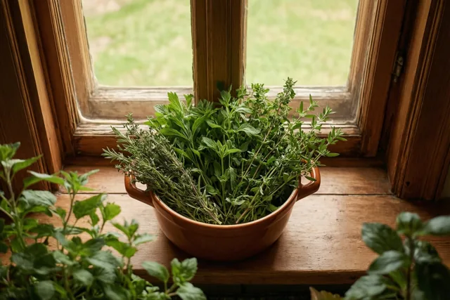 Een terracotta pot met groene kruiden staat op een houten vensterbank in natuurlijk zonlicht, met een houten raamkader en wazig groen gras erachter.