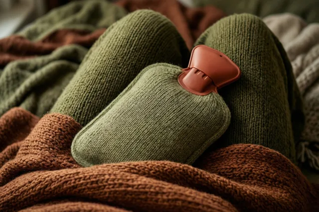 Een warmwaterkruik in een wollige hoes ligt op een schoot onder een gebreide deken in olijfgroene, bruine en terracotta tinten.
