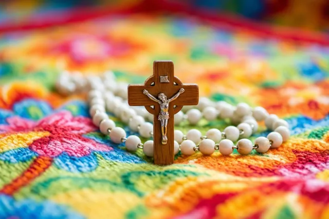 Een klein houten kruis met een zilveren Christusfiguur en een witte rozenkrans liggen op een doopdeken met patronen in rood, geel, blauw en groen.