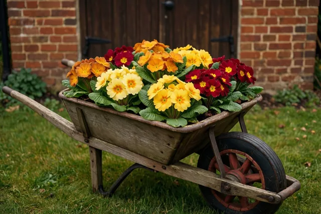 Lentekleuren in een oude kruiwagen