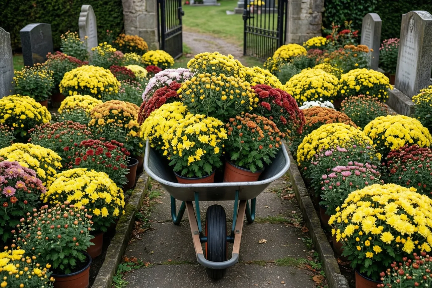 Een kruiwagen met potchrysanten staat tussen rijen bloempotten bij de ingang van een begraafplaats, met gele, rode en oranje bloemen.