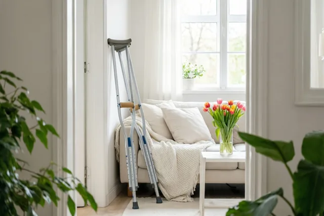 Krukken staan tegen een beige zetel met een crèmekleurige deken en kussens, naast een witte salontafel met kleurrijke tulpen in een lichte kamer met planten en doorschijnende gordijnen.