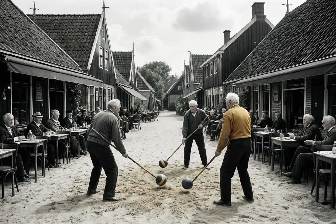 Drie oudere mannen spelen krulbol op een zandbaan tussen dorpsgebouwen, met toeschouwers aan cafétafels en één gele trui in een verder zwart-witbeeld.