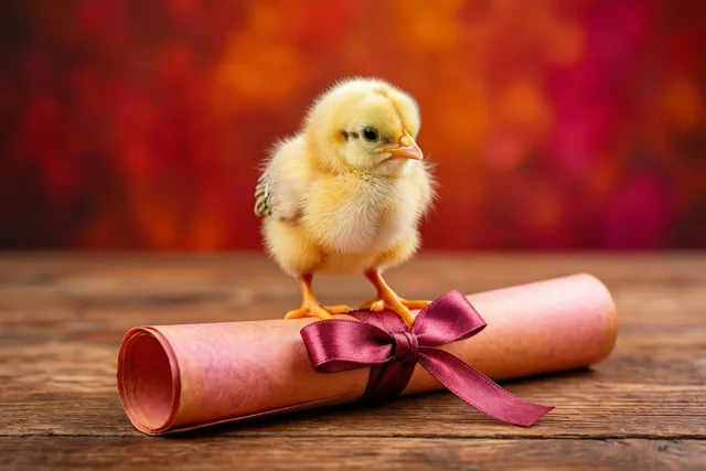 Een klein geel kuiken staat op een opgerold diploma met een dieprood lint op een houten tafel tegen een wazige rood-oranje achtergrond.