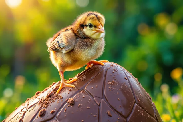 Een klein donzig kuiken staat boven op een groot chocolade-ei met reliëf in een zonnige tuin, met groene bladeren en goudkleurig zonlicht op de achtergrond.