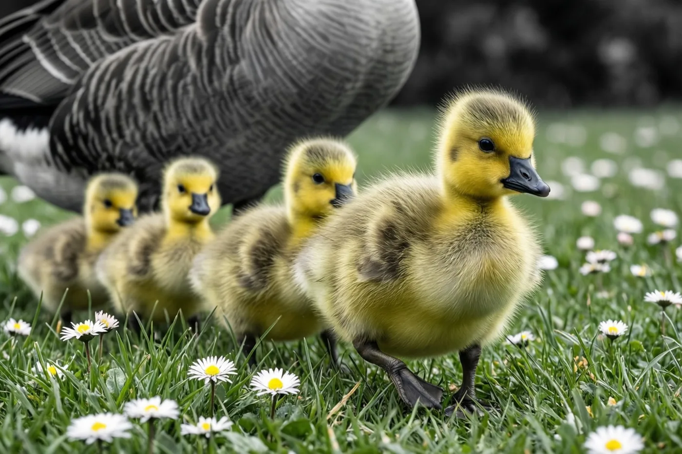 Een moedergans en een rij donzige gele kuikens lopen door frisgroen gras met witte madeliefjes.