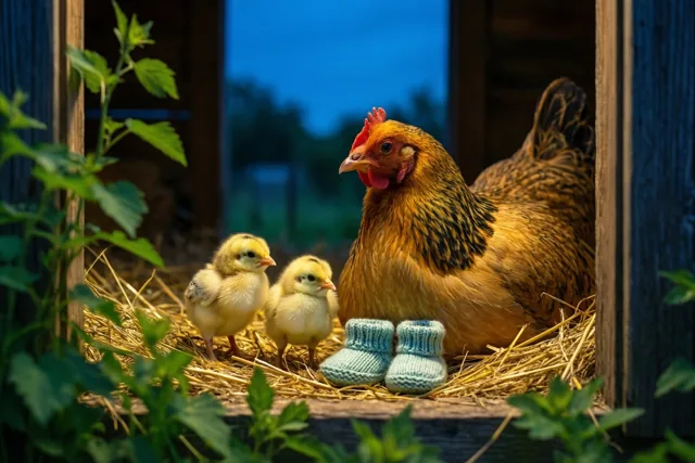 Een moederkip met twee donzige gele kuikens zit in een houten hok met stro naast lichtblauwe gebreide babyslofjes, omringd door groen tegen een schemerblauwe achtergrond.