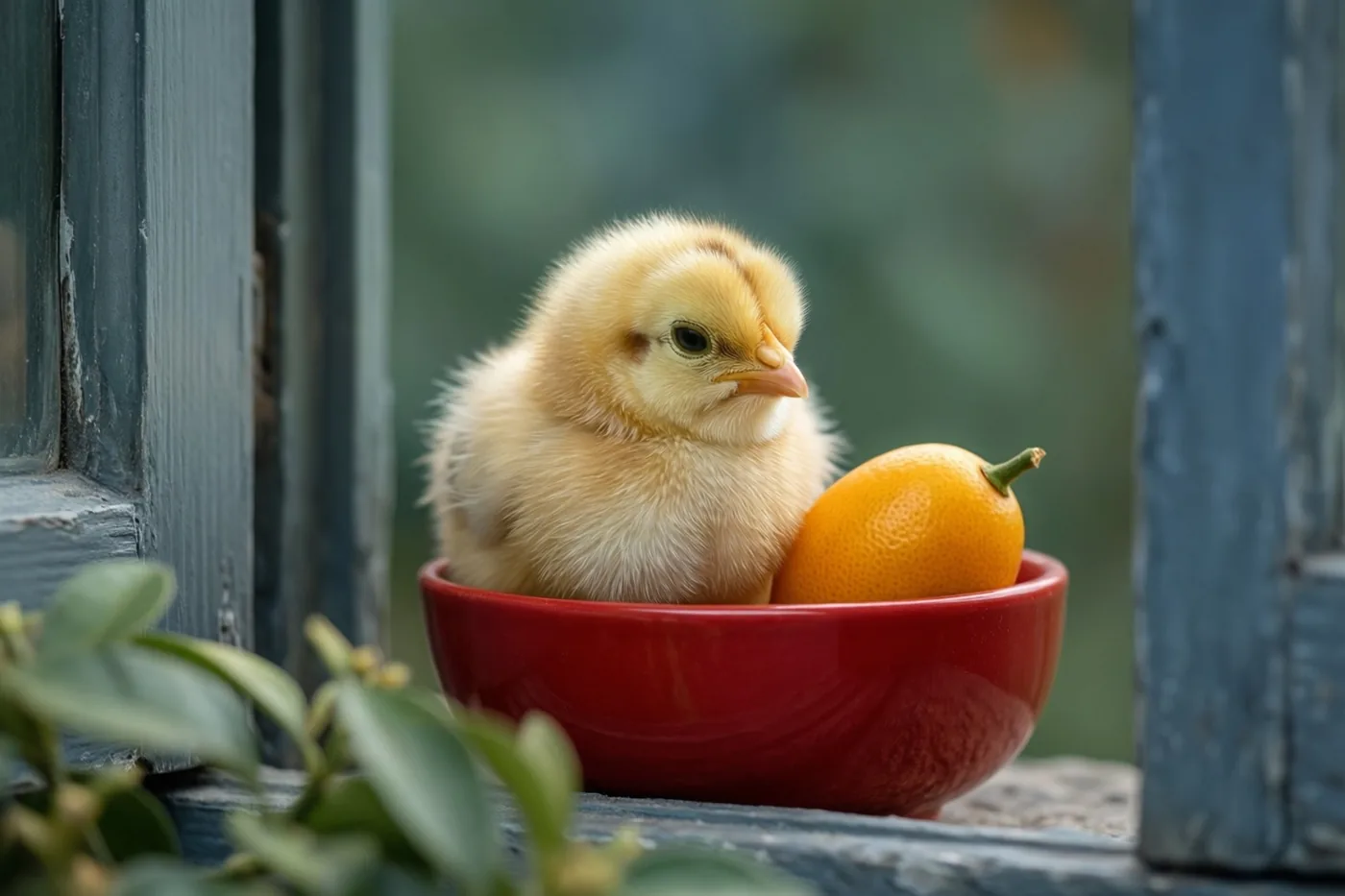 Een donzig geel kuikentje zit in een rode kom naast een kumquat op een vensterbank, met blauwe houten raamkozijnen, groene bladeren en een wazige groene achtergrond.