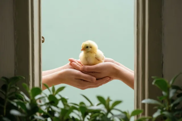 Door een raam zijn twee handen met een klein geel kuiken te zien, met groen op de voorgrond en een lichtgroene achtergrond.